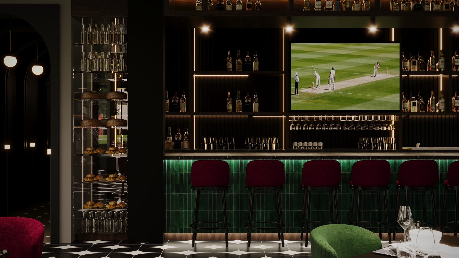 Lounge seating and sports screens above the bar